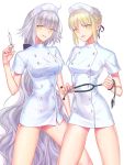  2girls absurdly_long_hair blonde_hair breasts dark_persona fate/grand_order fate/stay_night fate_(series) hat highres jeanne_alter long_hair looking_at_viewer multiple_girls nipi27 nurse nurse_cap ruler_(fate/apocrypha) ruler_(fate/grand_order) saber saber_alter silver_hair simple_background smile stethoscope syringe very_long_hair white_background yellow_eyes 