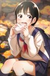  1girl backpack bag black_eyes black_hair black_legwear blue_skirt food holding holding_food kneehighs long_sleeves makino_(katasumi) open_mouth original pleated_skirt school_uniform serafuku shirt sitting skirt solo white_shirt 