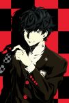  1boy absurdres arisawa_kuro arizuka_(catacombe) black black_hair checkered checkered_background glasses glasses_removed grey_eyes highres kurusu_akira looking_at_viewer male_focus messy_hair multicolored_background persona persona_5 protagonist_(persona_5) school_uniform smile solo turtleneck upper_body 