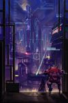  1girl absurdres bodysuit brown_hair building city city_lights cityscape d.va_(overwatch) floating_hair from_behind full_moon headphones heart highres holographic_interface landmark long_hair mecha meka_(overwatch) moon night night_sky overwatch pilot_suit sitting sky skyscraper solo star_(sky) 