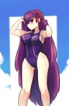  1girl bb_(fate/extra_ccc) boa_(4chan) competition_swimsuit fate/extra fate/extra_ccc fate_(series) highres long_hair one-piece_swimsuit purple_hair red_eyes standing swimsuit 