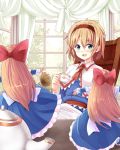  1girl alice_margatroid blonde_hair blue_dress blue_eyes blush capelet chair cup curtains doll dress hair_ribbon hairband indoors long_hair long_sleeves necktie noa_(nagareboshi) open_mouth outstretched_arms phonograph ribbon sash shanghai_doll short_hair sitting smile teacup teapot touhou window 