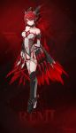  1girl absurdres bodysuit boots breasts choker detached_sleeves facial_mark highres knee_boots long_hair original pixiv_fantasia pixiv_fantasia_t red_background redhead sharatang solo thigh_strap 