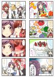  4girls 4koma :d ;d ^_^ ^o^ ahoge arashi_(kantai_collection) arms_behind_back ascot asymmetrical_hair birthday_cake black_vest blonde_hair blush broccoli buttons cake candle closed_eyes collared_shirt comic commentary_request embarrassed eyebrows eyebrows_visible_through_hair eyelashes faceless food fruit full-face_blush gloves goma-chan hagikaze_(kantai_collection) hair_tie hands_together hat highres jitome kamelie kantai_collection kerchief kirby_(series) long_hair maikaze_(kantai_collection) mask maxim_tomato multiple_girls neck_ribbon necktie nowaki_(kantai_collection) oddish one_eye_closed open_mouth party_popper plate pleated_skirt pocket pokemon pokemon_(creature) ponytail potato purple_hair red_ascot red_ribbon redhead ribbon school_uniform serafuku shirt short_sleeves shounen_ashibe side_ponytail sidelocks silver_hair skirt smile speech_bubble strawberry sweatdrop the_legend_of_zelda the_legend_of_zelda:_majora&#039;s_mask thought_bubble tomato top_hat translation_request vest violet_eyes white_gloves white_shirt wing_collar wrist_grab yellow_necktie 