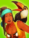  1girl artist_name baire bird breasts brown_hair cleavage closed_eyes coco_(kof) dark_skin green_background headband large_breasts open_mouth ponytail portrait simple_background solo teeth the_king_of_fighters the_king_of_fighters_xiv toucan zarina 
