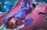  1girl absurdres arms_up artist_name blurry bodysuit brown_eyes brown_hair city_lights cityscape closed_mouth d.va_(overwatch) depth_of_field facepaint facial_mark from_behind gloves headgear highres huge_filesize kastraz light long_hair looking_at_viewer looking_back mecha meka_(overwatch) overwatch pink_lips skin_tight smile solo space_craft watermark web_address whisker_markings white_gloves 
