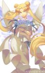  1girl bishoujo_senshi_sailor_moon blonde_hair blue_eyes bouquet double_bun dress earrings flower hair_ornament happy_new_year highres jewelry joseph_lee long_hair new_year princess_serenity rose sailor_moon smile solo tsukino_usagi twintails wings 