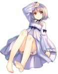  1girl barefoot blonde_hair bloomers blush bow choker dress feet hand_on_own_head jpeg_artifacts mokyu_(kukoudesu) red_eyes ribbon_choker short_hair simple_background solo underwear white_background 