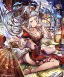  1girl 77gl animal_ears anklet barefoot breasts cleavage detached_sleeves dragon dress erun_(granblue_fantasy) fan fox_ears fox_tail fur_trim granblue_fantasy grey_eyes jewelry large_breasts long_hair long_sleeves looking_at_viewer night red_dress silver_hair sitting sky socie_(granblue_fantasy) solo tail tatami very_long_hair wariza wide_sleeves 