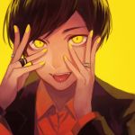  1boy :p bangs black_hair black_jacket collared_shirt fangs formal hands_on_own_cheeks hands_on_own_face jacket jewelry kaiko_suzume looking_at_viewer male_focus matsuno_juushimatsu nail_polish open_mouth osomatsu-kun osomatsu-san piercing portrait red_shirt ring shirt simple_background solo suit swept_bangs tongue tongue_out tongue_piercing yellow yellow_background yellow_eyes yellow_nails 