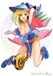  1girl :d bangs bare_shoulders between_legs blonde_hair blue_boots blue_hat blush_stickers boots breasts cape choker cleavage dark_magician_girl duel_monster eyebrows eyebrows_visible_through_hair floating_hair full_body green_eyes hair_between_eyes hand_between_legs hat highres large_breasts long_hair magic_circle off_shoulder open_mouth pentacle riding shiny shiny_skin smile solo soratobuiltusa staff twitter_username vambraces white_background wizard_hat yu-gi-oh! yuu-gi-ou_duel_monsters 