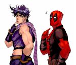  2boys bodysuit crossover deadpool finger_to_mouth fingerless_gloves from_behind from_side gloves green_eyes jojo_no_kimyou_na_bouken joseph_joestar_(young) looking_back male_focus marvel multiple_boys muscle one_eye_closed pointing pointing_at_self pouch purple_hair scarf striped striped_scarf sujiko_(125motimoti) superhero upper_body 