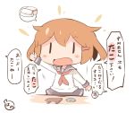  1girl arm_up blush_stickers brown_hair chibi commentary_request fang food hair_ornament hairclip hanomido ikazuchi_(kantai_collection) kantai_collection long_sleeves motion_lines neckerchief open_mouth outstretched_arm plate school_uniform serafuku short_hair solid_eyes spoken_object sushi translated |_| 