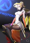  1girl absurdres armor armored_boots black_boots blonde_hair blue_eyes bodysuit boots breastplate breasts brown_legwear copyright_name headgear highres knee_boots large_breasts legs legs_crossed long_legs looking_at_viewer mechanical_wings mercy_(overwatch) overwatch pantyhose parted_lips pink_lips ponytail short_hair sitting solo stethoscope thighs wings xiga 