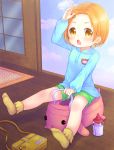  1girl blush child idolmaster idolmaster_cinderella_girls indoors looking_at_viewer open_mouth ryuuzaki_kaoru shiny shiny_hair short_hair socks solo xenon_(simlacurm) 