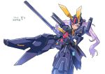  ceda_(dace) green_eyes gundam horns mecha_musume open_mouth purple_hair simple_background twintails woundwort 