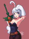  1girl arm_up armpits bare_shoulders belt blue_eyes breasts bunny_costume bunny_girl carrot cleavage collarbone covered_navel dke female hand_on_hip league_of_legends looking_at_viewer open_mouth riven_(league_of_legends) short_hair simple_background solo sword teeth tongue weapon white_hair 