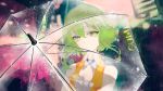  1girl breasts character_name city_lights cleavage closed_mouth detached_sleeves expressionless eyelashes green_eyes green_hair gumi orange_vest rain short_hair solo transparent_umbrella umbrella upper_body vest vocaloid water wing_collar yotsuba0052 