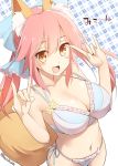  1girl alternate_hairstyle animal_ears bare_shoulders bikini blush bow breasts brown_eyes fang fate/extella fate/extra fate_(series) fox_ears fox_tail hair_bow kurikara large_breasts long_hair navel open_mouth pink_hair side-tie_bikini simple_background solo swimsuit tail tamamo_(fate)_(all) tamamo_no_mae_(fate) twintails 