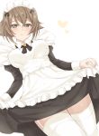  1girl alternate_costume apron blush breasts brown_hair enmaided frills garter_straps green_eyes headdress heart jiino kantai_collection long_sleeves looking_at_viewer maid maid_apron maid_headdress mutsu_(kantai_collection) open_mouth puffy_long_sleeves puffy_sleeves short_hair skirt skirt_lift solo thigh-highs white_background white_legwear 