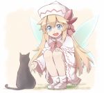  1girl :d animal black_cat blonde_hair blue_eyes blush bow capelet cat dress fairy_wings full_body hand_on_own_knee hat hat_bow lily_white long_hair long_sleeves loose_socks open_hand open_mouth ribbon smile socks solo squatting touhou very_long_hair white_dress wide_sleeves wings yutamaro 