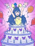  1girl akairiot animal_ears balloon birthday_cake blue_hair breasts bunnysuit cake candle cleavage emphasis_lines fire_emblem fire_emblem:_kakusei food hat in_food long_hair lucina nintendo party_hat rabbit_ears small_breasts smile solo 