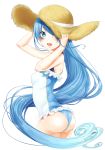  1girl adjusting_clothes adjusting_hat alternate_costume arched_back ass bare_arms bare_shoulders blue_eyes blue_hair casual_one-piece_swimsuit frilled_swimsuit frills gradient_hair hair_over_one_eye hat hat_over_one_eye highres kantai_collection long_hair looking_at_viewer looking_back multicolored_hair nezumi_doshi one-piece_swimsuit one_eye_closed open_mouth samidare_(kantai_collection) simple_background smile solo straw_hat sun_hat swimsuit very_long_hair white_background 
