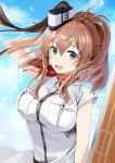  1girl anchor blouse blue_eyes breasts brown_hair eyebrows eyebrows_visible_through_hair flight_deck funnel hair_between_eyes hand_behind_head highres kantai_collection large_breasts long_hair looking_at_viewer open_mouth pocket ponytail red_belt red_neckerchief saratoga_(kantai_collection) short_sleeves side_ponytail sky solo white_blouse wind wind_lift yuna_(yukiyuna) 