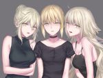 3girls ahoge arm_at_side artoria_pendragon_alter_(fate/grand_order) bangs black_shirt blonde_hair breasts buttons camisole casual choker cleavage collarbone fate/grand_order fate_(series) girl_sandwich grey_background hair_between_eyes hair_bun jeanne_alter large_breasts long_hair looking_at_viewer multiple_girls nipi27 parted_lips puffy_short_sleeves puffy_sleeves ruler_(fate/apocrypha) ruler_(fate/grand_order) saber saber_alter sandwiched self_hug shade shirt short_sleeves sidelocks silver_hair simple_background sleeveless upper_body yellow_eyes 