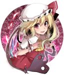  1girl :d asa_(coco) ascot blonde_hair blush circle crystal fang flandre_scarlet frilled_shirt_collar frills hat hat_ribbon laevatein looking_at_viewer mob_cap open_mouth puffy_short_sleeves puffy_sleeves red_eyes ribbon short_sleeves side_ponytail skirt skirt_set smile solo touhou upper_body wings wrist_cuffs 