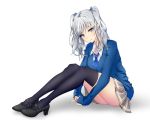  1girl alternate_costume ass black_legwear blue_eyes high_heels highres kantai_collection kashima_(kantai_collection) long_hair looking_at_viewer mary_janes shoes silver_hair simple_background sitting skirt sleeves_past_wrists solo tetsu_(excalibur920) thigh-highs twintails 