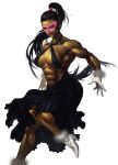  1girl abs black_hair breasts female gloves lips long_hair mask muscle navel ponytail shoes solo 