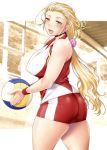  1girl ass ayato bare_shoulders blonde_hair blush breasts brown_eyes curvy erect_nipples girls_und_panzer hairband highres large_breasts long_hair open_mouth plump ponytail sasaki_akebi shorts sleeveless solo sportswear thick_thighs volleyball_uniform 