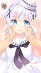  1girl blue_eyes blue_hair blush cheek_pull gochuumon_wa_usagi_desu_ka? hair_ornament hands_on_another&#039;s_cheeks hands_on_another&#039;s_face hat head_tilt kafuu_chino komone_ushio looking_at_viewer neckerchief open_mouth pov_hands sailor_collar sailor_hat shirt solo_focus spoken_squiggle squiggle upper_body wavy_mouth white_shirt x_hair_ornament 