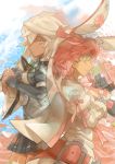  2girls animal_ears beltbra blue_eyes bokaa_(exploration) breasts cape cleavage colored_eyelashes dark_skin elphelt_valentine gloves guilty_gear guilty_gear_xrd gun hat long_hair multiple_girls orange_eyes pink_hair rabbit_ears ramlethal_valentine short_hair sideboob silver_hair weapon 