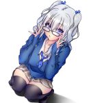  1girl black_legwear blue_eyes glasses highres kantai_collection kashima_(kantai_collection) looking_at_viewer silver_hair skirt sleeves_past_wrists solo squatting tetsu_(excalibur920) thigh-highs twintails zettai_ryouiki 