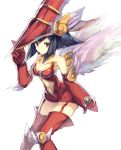  1girl apple_magician_girl bare_shoulders bei_mochi blue_hair boots breasts brown_eyes cleavage dress duel_monster garter_straps gloves hat highres looking_at_viewer navel_cutout red_boots short_dress short_hair thigh-highs thigh_boots wings wizard_hat yu-gi-oh! 