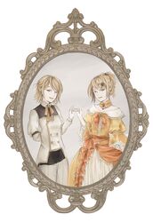  2girls aku_no_musume_(vocaloid) blonde_hair blue_eyes bow chaban_capriccio_(vocaloid) choker cummerbund dress dual_persona earrings evil_smile evillious_nendaiki flower frame frilled_dress frills hair_bow hair_ornament hair_ribbon hairclip hand_holding hands_together highres jacket jewelry kagamine_rin matryoshka-ruth mirror multiple_girls neck_ribbon pants ponytail princess ribbon rose short_hair smile updo vocaloid waitress white_jacket white_pants yellow_bow yellow_dress 