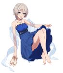  1girl anastasia_(idolmaster) bare_legs bare_shoulders barefoot blue_dress blue_eyes blush collarbone dress full_body highres holding holding_shoes idolmaster idolmaster_cinderella_girls jewelry looking_at_viewer necklace open_mouth shoes shoes_removed short_hair silver_hair smile solo strapless strapless_dress white_background yahiro_(epicopeiidae) 