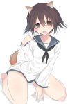  animal_ears blush brown_eyes brown_hair miyafuji_yoshika nao_(qqqbb) sailor_uniform strike_witches swimsuit_under_clothes tail 