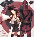  ahoge bare_shoulders bodysuit brown_eyes brown_hair brown_legwear character_name crossover deadpool highres japanese_clothes kantai_collection kongou_(kantai_collection) long_hair long_sleeves marvel mask nontraditional_miko open_mouth pleated_skirt skirt ssadddsa_(dime_zero) 