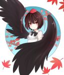  1girl autumn_leaves black_bow black_bowtie black_wings blush bow bowtie brown_hair closed_mouth collared_shirt hat highres portrait puffy_short_sleeves puffy_sleeves red_eyes red_hat shameimaru_aya shirt short_hair short_sleeves smile solo tareme tengu tokin_hat touhou upper_body white_shirt wing_collar wings yuujin_(mhhnp306) 