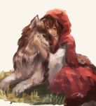  1girl ;d animal_ears blush brown_eyes brown_hair closed_mouth copyright_request hand_on_another&#039;s_face highres hood imaizumi_kagerou kohzuki_kei kouzuki_kei long_hair lying on_ground on_stomach one_eye_closed open_mouth sitting smile touhou white_background wolf 