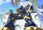  2boys alphamon armor bandai cape digimon dragon energy fangs full_armor halo helmet male_focus monster multiple_boys no_humans ouryumon royal_knights sitting sword throne weapon wings 