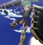  1girl green_hair highres hundred liddy_steinberg sky solo stitched suit 