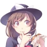  1girl :t black_hat blush bow eating eyelashes finger_licking finger_to_mouth flying_sweatdrops food food_in_mouth hamburger hat hat_bow holding holding_food licking looking_away looking_to_the_side midorino_eni portrait simple_background solo sweatdrop touhou usami_renko white_background white_bow wrapper 