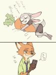    artist_request bunny_tail carrot cellphone closed_eyes disney fox fox_ears full_body furry green_eyes hug judy_hopps nick_wilde rabbit rabbit_ears simple_background smartphone smile tail text translation_request upper_body white_background zootopia 