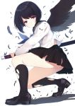  1girl black_hair black_legwear black_shoes black_wings blouse caidychen closed_mouth feathers from_side highres holding holding_sword holding_weapon kneehighs loafers miniskirt original school_uniform serafuku shirt shoes silhouette skirt solo squatting sword torn_clothes torn_kneehighs torn_shirt torn_skirt violet_eyes weapon white_background white_shirt wings 