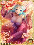  1girl aqua_hair bare_shoulders blue_eyes blush breasts cleavage flower glasses hair_ornament jewelry koihime_musou large_breasts looking_up necklace rikuson shin_koihime_musou short_hair smile solo wide_sleeves 