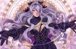  1girl breasts camilla_(fire_emblem_if) cleavage curly_hair fire_emblem fire_emblem_if lips long_hair looking_at_viewer outstretched_arms parted_lips purple_hair siiju smile solo tiara upper_body violet_eyes 